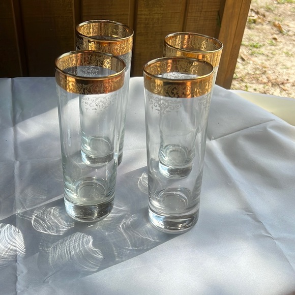 Cellini Crystal Gold Gilded Needle Etched Highball Glasses  4 Pcs - Picture 1 of 4